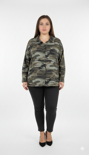 شومیز آستینبلند زنانه طرح چریکی سبز و قهوهای وارداتی کد ۱۹۶۹ * نمای تنخور: مدل شومیز سایز بزرگ ۵۴ و ۵۶ طرح ارتشی استوک برند