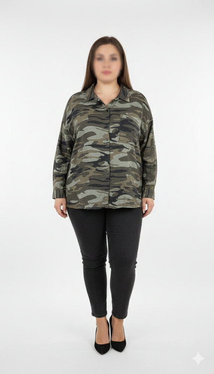 شومیز آستینبلند زنانه طرح چریکی سبز و قهوهای وارداتی کد ۱۹۶۹ * نمای تنخور: مدل شومیز سایز بزرگ ۵۴ و ۵۶ طرح ارتشی استوک برند