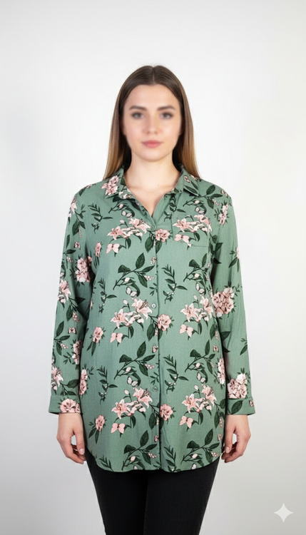 شومیز زنانه آستینبلند طرح گلدار سبز و صورتی وارداتی کد ۱۸۹۸ * نمای نزدیک: جزئیات پارچه نخی و باکیفیت شومیز مجلسی زنانه استوک