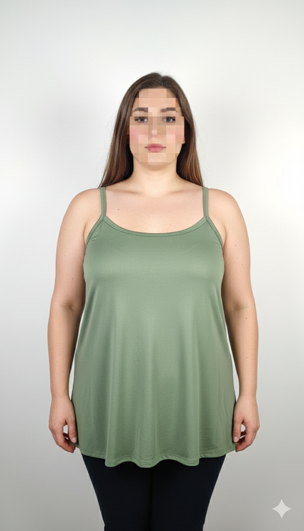 تاپ رکابی زنانه سایز بزرگ رنگ سبز زیتونی وارداتی کد ۲۰۸۹ * نمای تنخور: مدل تاپ نخی راحت و آزاد زنانه مناسب سایز ۴۸ و ۵۰ استوک