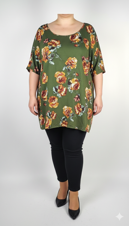 شومیز آستینکوتاه زنانه سایز بزرگ طرح گل رز وارداتی کد ۲۰۸۴ * نمای تنخور: مدل شومیز نخی قواره بزرگ مناسب سایز ۶۰ و ۶۲ استوک برند