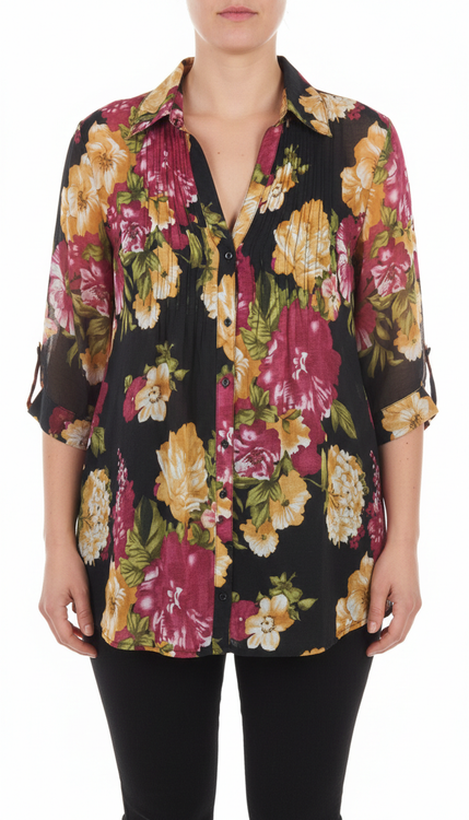 شومیز دکمهدار زنانه مشکی با طرح گلهای درشت رنگی وارداتی کد ۱۹۳۹ * نمای تنخور: استایل شومیز مجلسی زنانه سایز ۴۲ و ۴۴ با پارچه لخت و باکیفیت