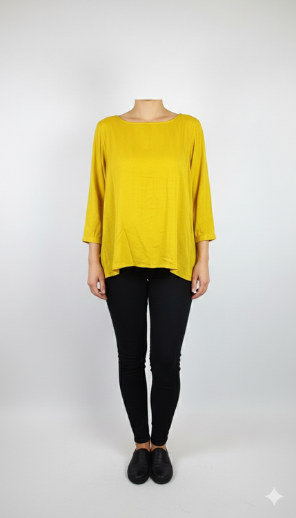 شومیز آستین سه ربع زنانه رنگ خردلی (زرد تیره) وارداتی کد ۳ * نمای تنخور: مدل شومیز نخی ساده و شیک مناسب استایل کژوال سایز ۴۸ و