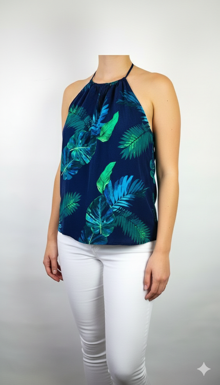 تاپ زنانه یقه پشتگردنی سرمهای با طرح برگهای سبز هاوایی وارداتی کد ۱۶۰۴ * نمای تنخور: مدل تاپ خنک و تابستانی زنانه مناسب سایز ۴۲ و ۴۴ استوک برند