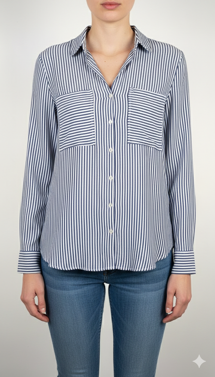 شومیز سفید زنانه با طرحهای انتزاعی مشکی و یقه کراواتی کد ۱۹۷۰ * تصویر جزئیات: نمای نزدیک از دکمه شومیز مجلسی وارداتی جهت بررسی ایراد جزئی