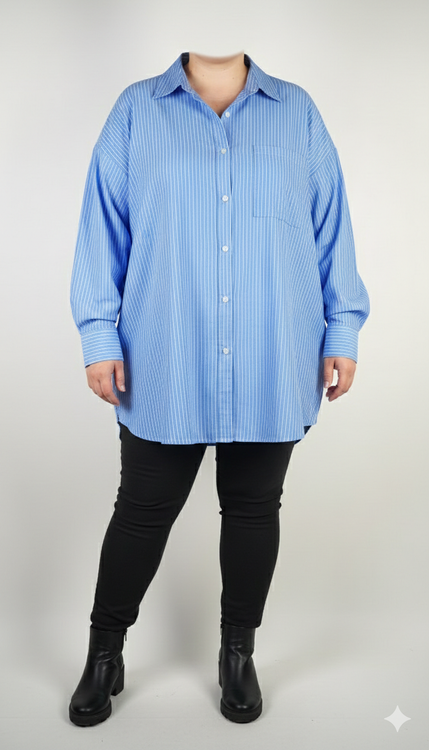 شومیز زنانه سایز بزرگ راهراه آبی و سفید وارداتی کد ۱۹۵۲ * نمای تنخور: تونیک نخی آستین بلند زنانه مدل اورسایز مناسب سایز ۶۰ و