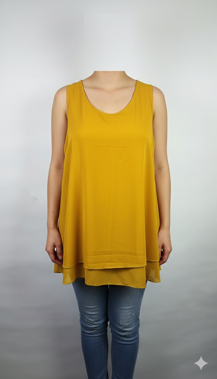 تاپ زنانه سایز بزرگ خردلی وارداتی کد ۱۱۸ با طراحی دو لایه شیک * نمای تنخور: مدل تاپ آستین حلقهای مجلسی مناسب سایز ۴۸ و ۵۰ استوک اروپایی