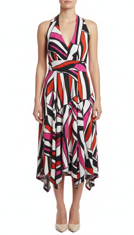 پیراهن زنانه مجلسی یقه هفت طرحدار وارداتی با ترکیب رنگ قرمز، مشکی و صورتی کد ۱۰۳۷ * نمای تنخور: پیراهن کوتاه فانتزی زنانه طرح هندسی مناسب سایز ۳۶ و ۳۸ با تنخور کلوش و شیک