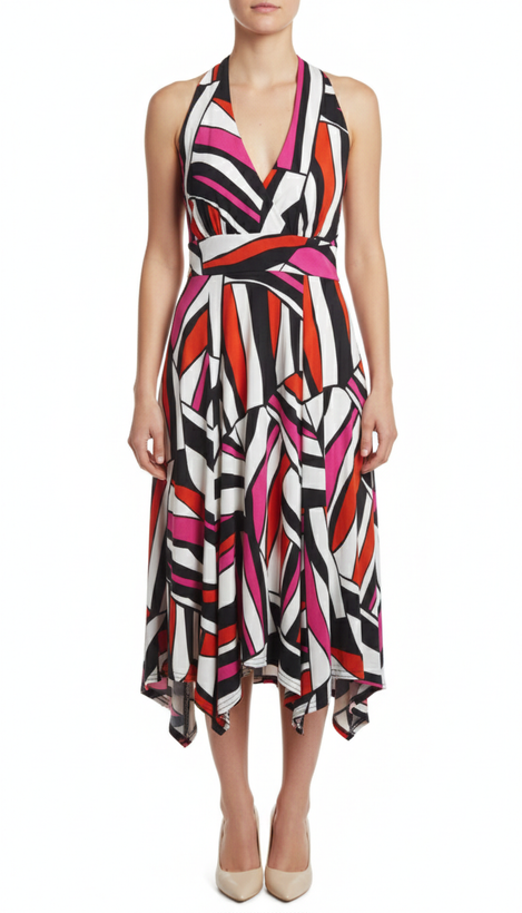 پیراهن زنانه مجلسی یقه هفت طرحدار وارداتی با ترکیب رنگ قرمز، مشکی و صورتی کد ۱۰۳۷ * نمای تنخور: پیراهن کوتاه فانتزی زنانه طرح هندسی مناسب سایز ۳۶ و ۳۸ با تنخور کلوش و شیک