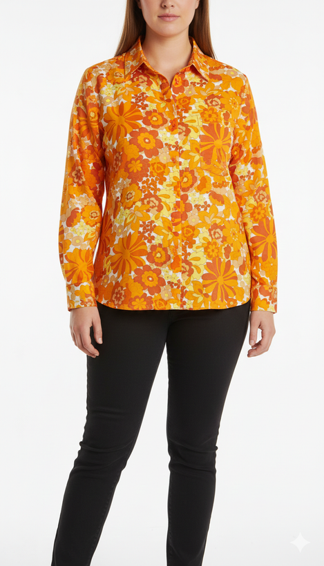 شومیز زنانه سایز بزرگ طرحدار گلدار رنگ نارنجی و خردلی کد ۱۸۱۷ * نمای تنخور: مدل شومیز دکمهدار آستین بلند نخی مناسب سایز ۴۸ و ۵۰ استوک اروپایی