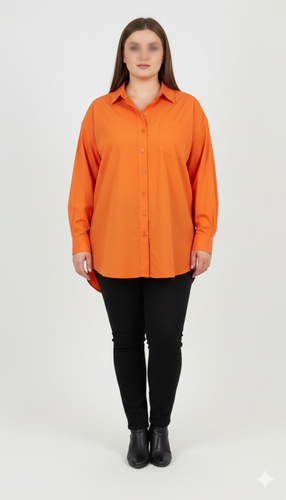 شومیز زنانه سایز بزرگ ساده رنگ نارنجی جیبدار کد ۱۸۳۹ * نمای تنخور: مدل شومیز نخی دکمهدار زنانه مناسب سایز ۵۶ و ۵۸ با قد پشت بلند استوک اروپایی