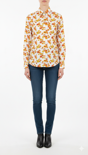 شومیز زنانه وارداتی سفید با طرح گلهای ریز نارنجی و زرد کد ۲۰۰۵ * نمای تنخور: مدل شومیز یقه مردانه آستین بلند ست شده با شلوار جین مناسب سایز ۳۶ و