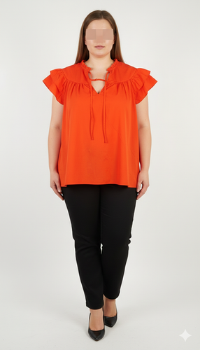 شومیز زنانه سایز بزرگ کد ۲۰۳۵ رنگ نارنجی با یقه بنددار و آستین چیندار * نمای تنخور: استایل شیک شومیز مجلسی سایز ۵۴ و ۵۶ وارداتی مناسب دورهمی و مهمانی