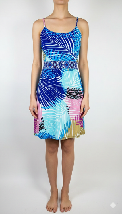 پیراهن کوتاه زنانه بنددار با طرح برگهای استوایی آبی و صورتی کد ۱۱۶۸