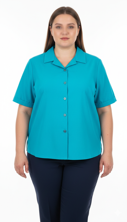 شومیز زنانه دکمهدار آبی فیروزهای یقه مردانه کد ۲۰۷۸ مناسب سایز بزرگ