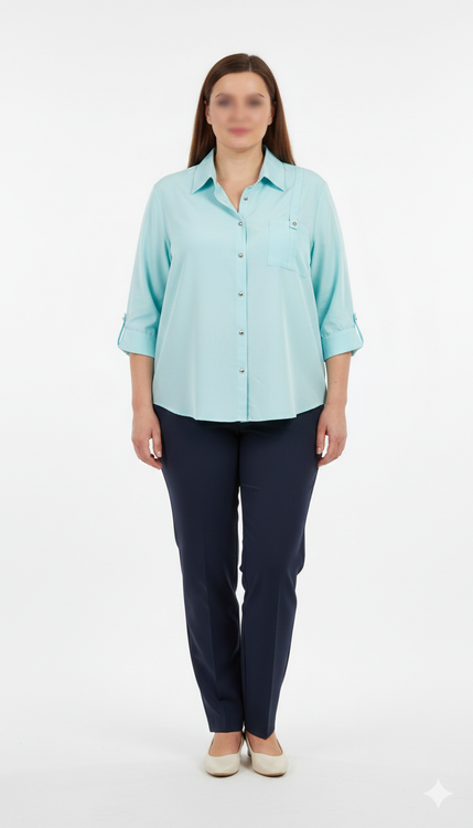 شومیز زنانه آبی روشن دکمهدار یقه مردانه کد ۱۸۳۰ مناسب سایز ۴۶ تا ۴۸