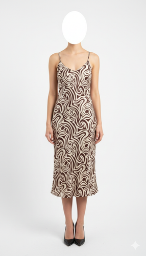 پیراهن بنددار زنانه با طرح مارپیچ قهوهای و کرم مجلسی کد ۱۱۳۸ مناسب سایز ۳۸ تا