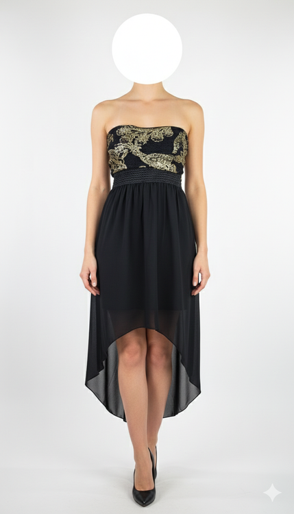 پیراهن مجلسی زنانه سرمهای و سفید طرحدار با قد نامتقارن و یقه رومی کد ۱۰۳۲ ۴. توضیحات محصول و راهنمای سایز