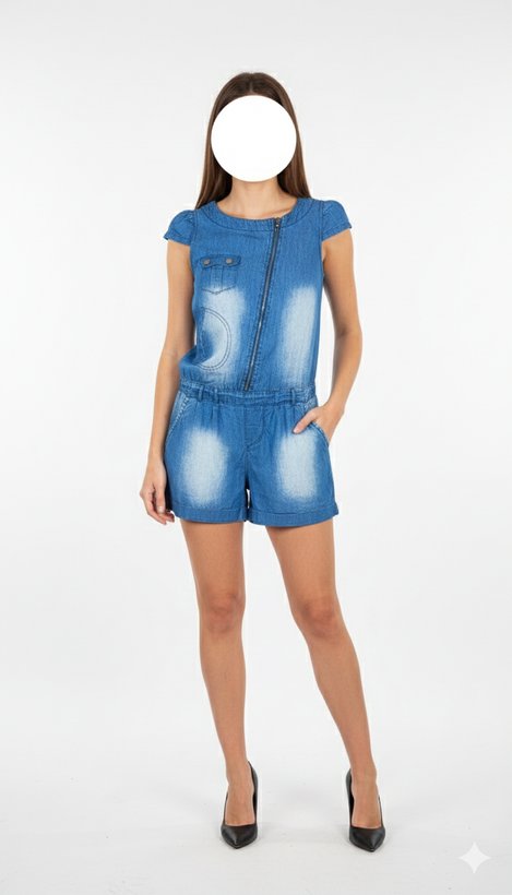 سرهمی جین آبی زنانه کوتاه (رامپر) با زیپ کج و جیبدار کد ۱۱۵۱ * تصویر تنخور: استایل تابستانی با سرهمی لی زنانه وارداتی مناسب سایز ۳۸ و ۴۰