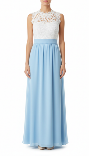 پیراهن مجلسی بلند ترکیبی گیپور سفید و حریر آبی روشن کد ۱۰۲۵ * نمای نزدیک (ایراد): جزئیات ایراد دررفتگی دوخت در لبه گیپور و پشت لباس پیراهن مجلسی کد ۱۰۲۵