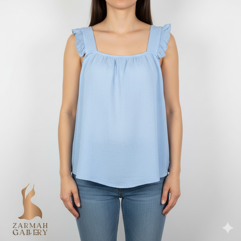 تاپ زنانه آبی روشن استوک اروپایی برند ماریلوپ ولف سایز مدیوم مناسب استایل تابستانی و کژوال