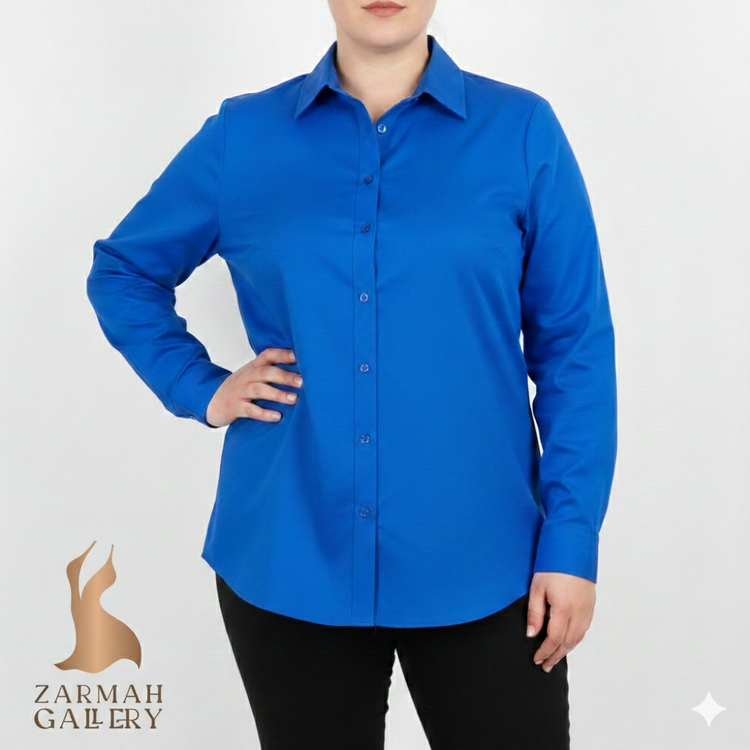 شومیز زنانه آبی کاربنی استوک برند جونز نیویورک سایز بزرگ مناسب استایل اداری و مجلسی