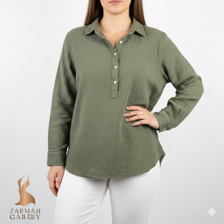 شومیز زنانه استوک وارداتی برند ana رنگ زیتونی سایز لارج مناسب استفاده روزمره و دورهمی