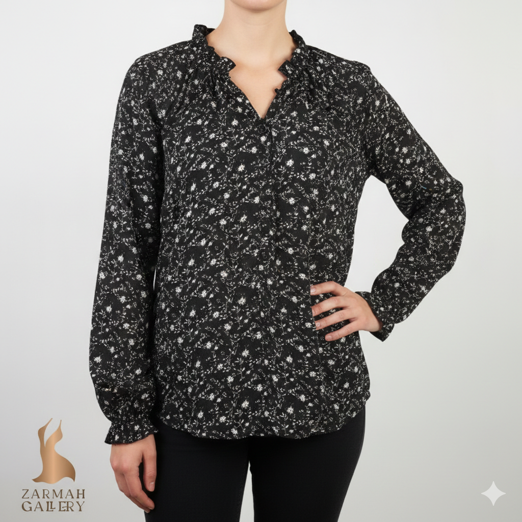 شومیز زنانه استوک برند Bobeau مشکی طرحدار آستین بلند مناسب سایز ۴۰ و ۴۲ وارداتی