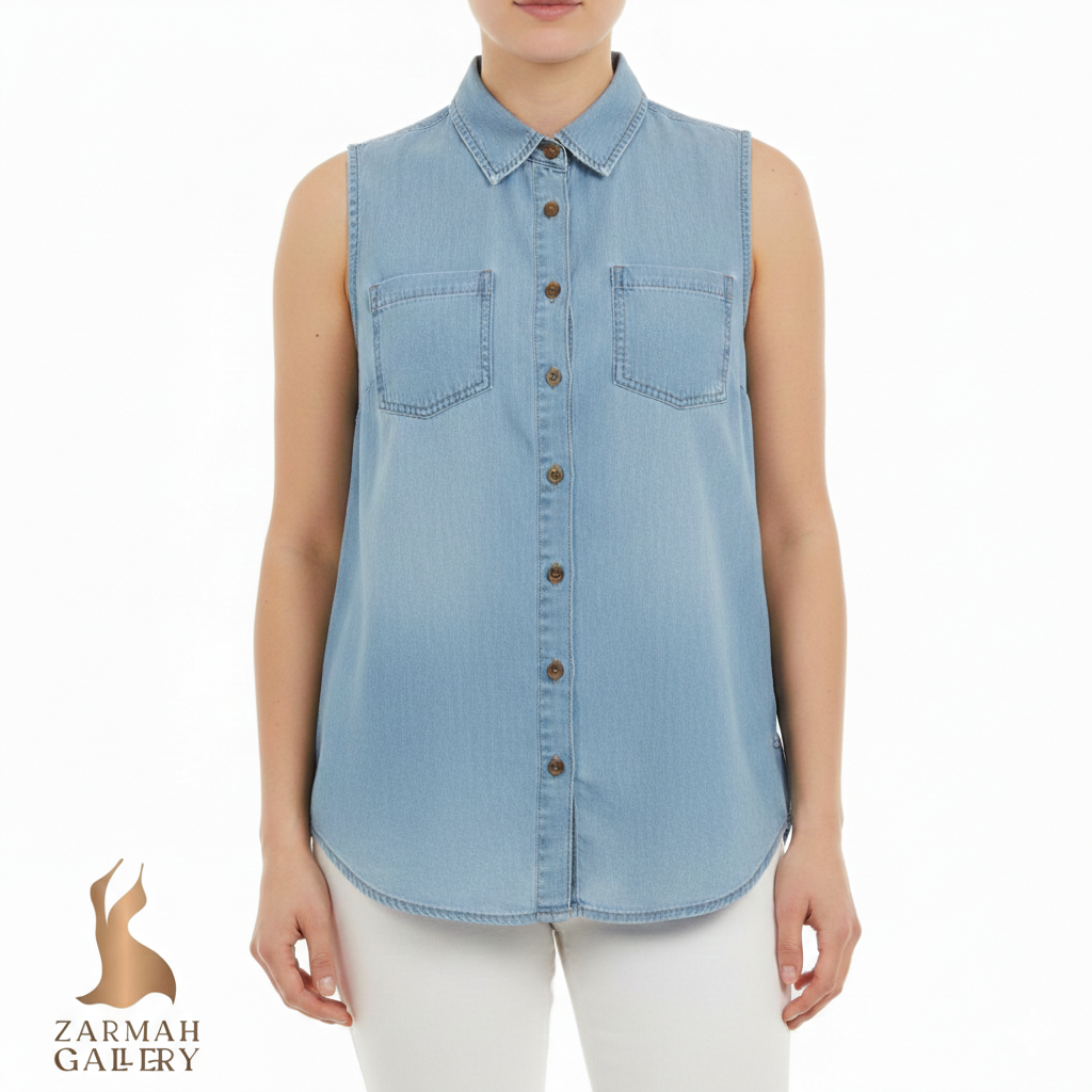 تاب جین زنانه استوک وارداتی برند So رنگ آبی روشن آستین حلقه ای مناسب استایل تابستانی