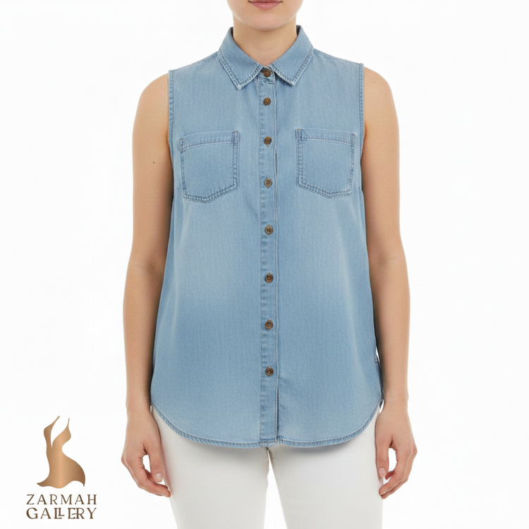 تاب جین زنانه استوک وارداتی برند So رنگ آبی روشن آستین حلقه ای مناسب استایل تابستانی