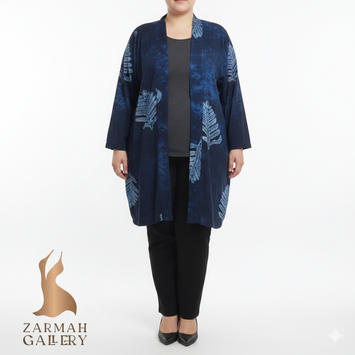 رویه مانتویی زنانه آبی تیره طرح برگ برند هilo hattie استوک اروپایی گرید A مناسب فصل بهار و تابستان