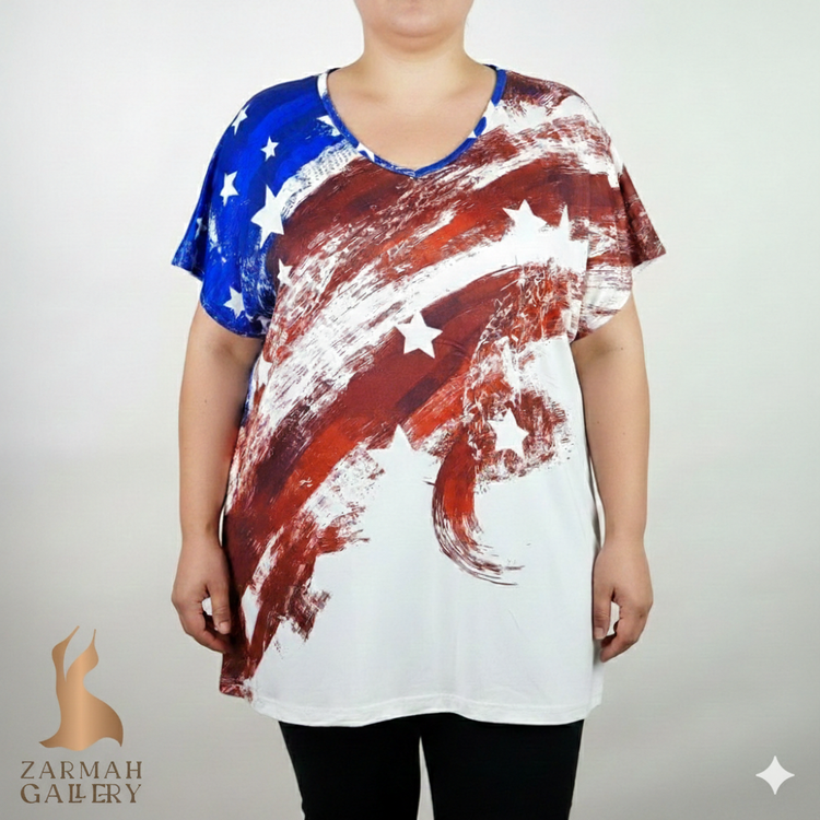 تیشرت زنانه سایز بزرگ استوک وارداتی سفید با طرح چاپی پرچم آمریکا قرمز و آبی گرید A