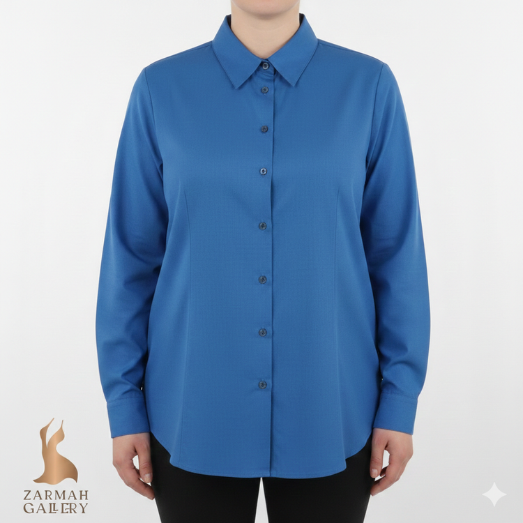 شومیز دکمهدار زنانه برند نیویورک اند کمپانی رنگ آبی کاربنی استوک اروپایی مناسب استایل اداری و روزمره