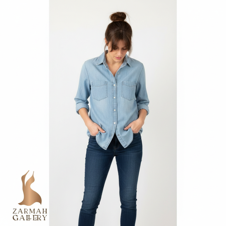 شومیز جین زنانه آبی روشن برند جی کرو J.Crew آستین بلند کد ۱۴۰۲ وارداتی استوک اروپایی