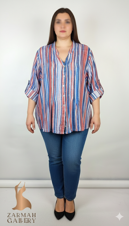 شومیز زنانه سایز بزرگ برند JMS راهراه عمودی قرمز و آبی کد ۲۱۷۶ استوک وارداتی دکمهدار