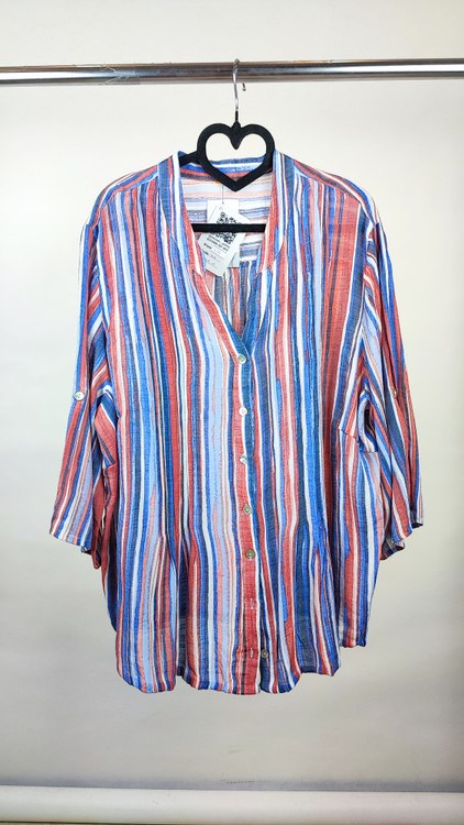 شومیز زنانه سایز بزرگ برند JMS راهراه عمودی قرمز و آبی کد ۲۱۷۶ استوک وارداتی دکمهدار