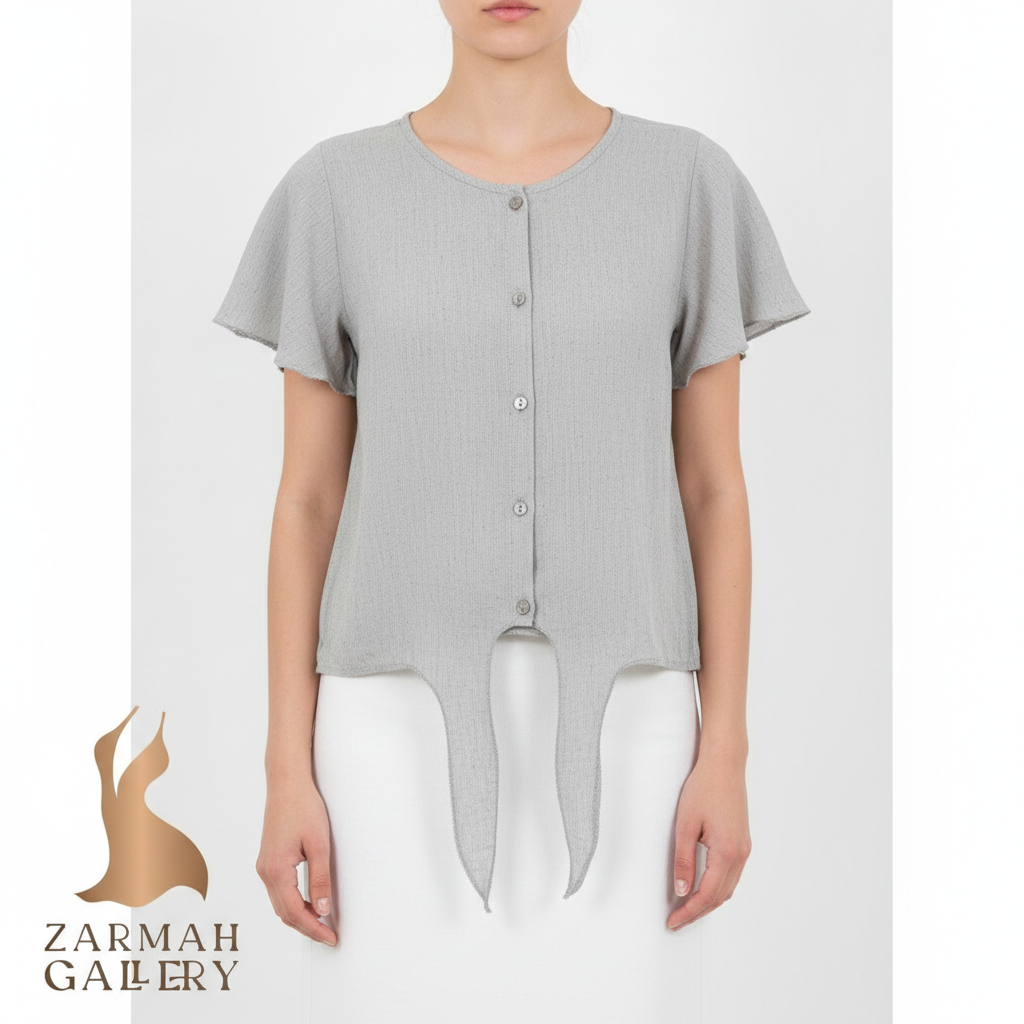 شومیز زنانه استوک اروپایی برند Best Girls رنگ طوسی مدل دکمهدار گرهای پایین لباس مناسب استایل کژوال