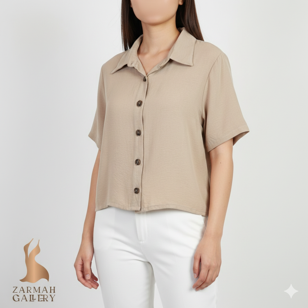 نیمتنه زنانه استوک خارجی برند Bela Modas رنگ کرم بژ دکمهدار یقه برگردان مناسب استایل تابستانی