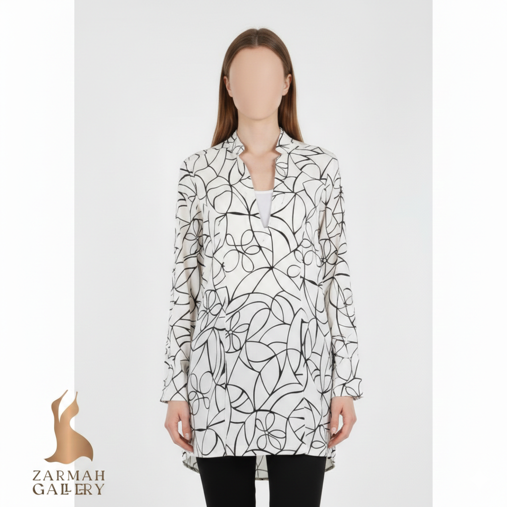 تونیک زنانه بلند برند ناراکامیچی (Naracamicie) ساخت ایتالیا طرح سیاه و سفید مینیمال مناسب استایل رسمی