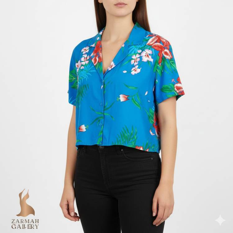 شومیز نیمتنه دکمهدار آبی طرحدار برند ADL استوک وارداتی مناسب استایل کژوال و ساحلی