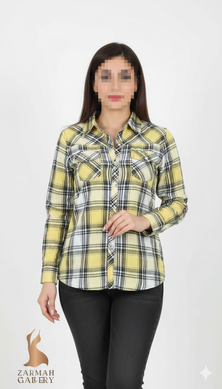 شومیز چهارخانه زرد و مشکی برند Justice وارداتی کد ۵۲۰ سایز ۳۶ با جزئیات نقرهای و جیبدار