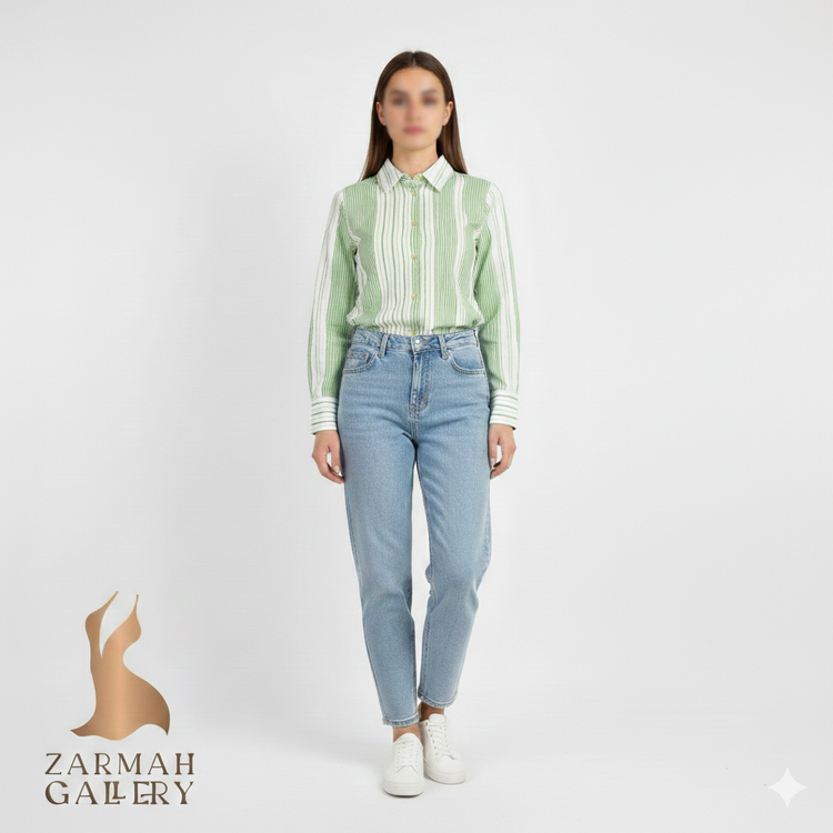 شومیز زنانه برند MNG اصل استوک وارداتی طرح راهراه سبز و سفید با تنخور عالی