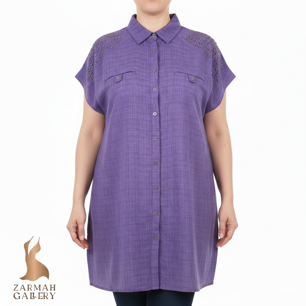 شومیز زنانه استوک وارداتی بنفش تیره سایز بزرگ کد ۲۱۳۹ با جزئیات کار شده روی سرشانه