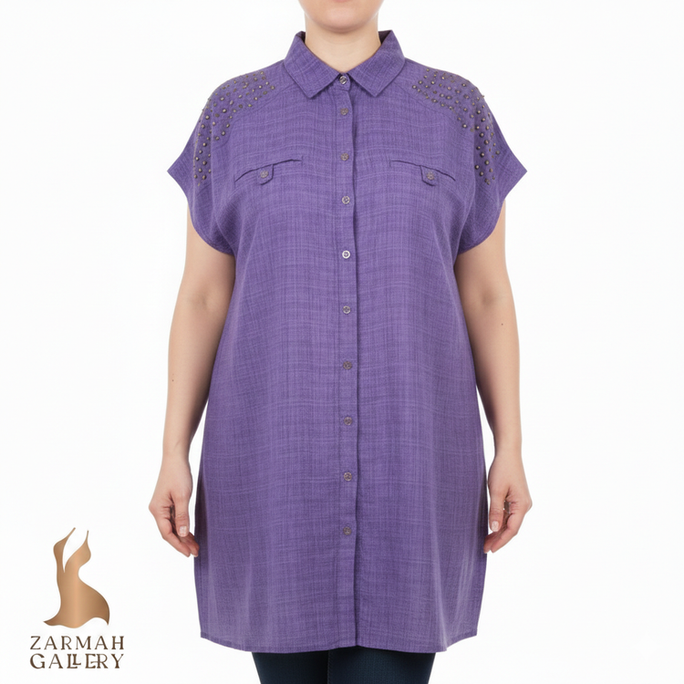 شومیز زنانه استوک وارداتی بنفش تیره سایز بزرگ کد ۲۱۳۹ با جزئیات کار شده روی سرشانه