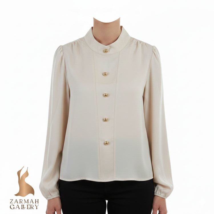 شومیز مجلسی زنانه کرم روشن برند شیاین استوک گرید B با دکمههای فلزی طلایی و مچ کشی