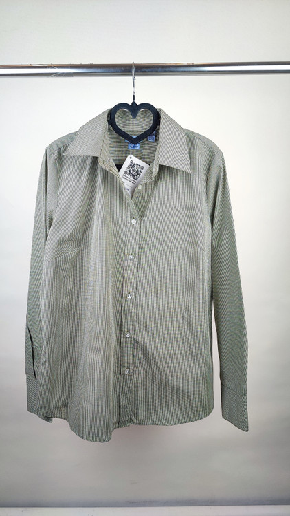 شومیز زنانه چهارخانه ریز سبز و سفید برند ایزود استوک اروپایی دکمهدار آستین بلند