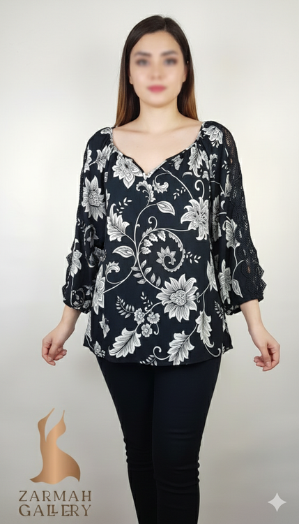 شومیز زنانه مشکی گلدار برند کاتو استوک وارداتی سایز بزرگ با آستینهای کار شده گیپور