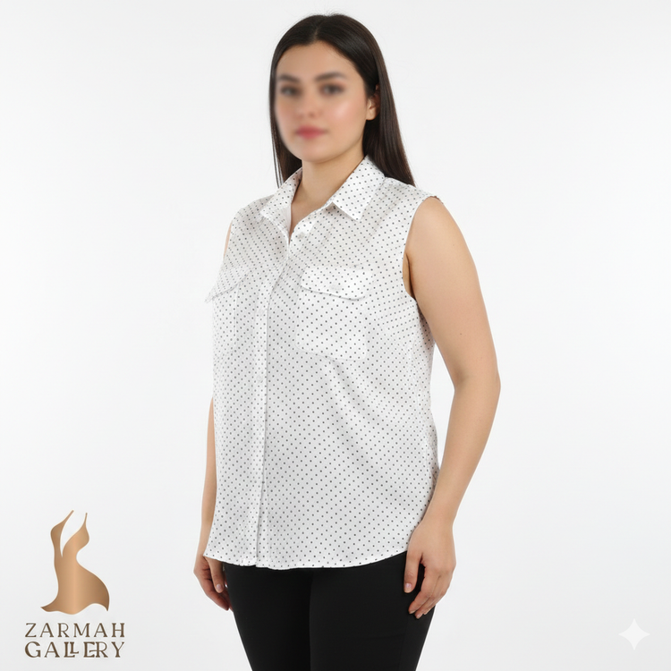 تاپ یقه برگردان زنانه سفید خالخالی مشکی برند رایدرز بای لی استوک وارداتی سایز بزرگ دکمهدار