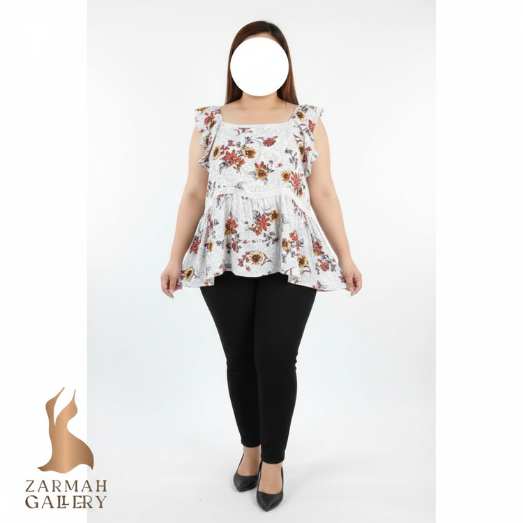 شومیز زنانه گلدار برند موریس (Maurices) استوک اروپایی گرید A رنگ سفید با گلهای زرشکی و خردلی سایز بزرگ