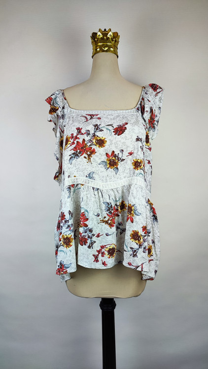 شومیز زنانه گلدار برند موریس (Maurices) استوک اروپایی گرید A رنگ سفید با گلهای زرشکی و خردلی سایز بزرگ